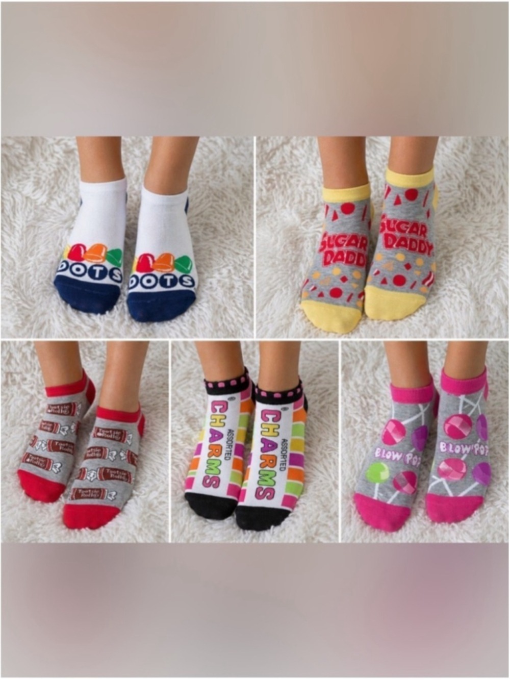 Mixit by JCPenney Woman’s Charms Novelty candy socks shoe size 4-10
Set of 5